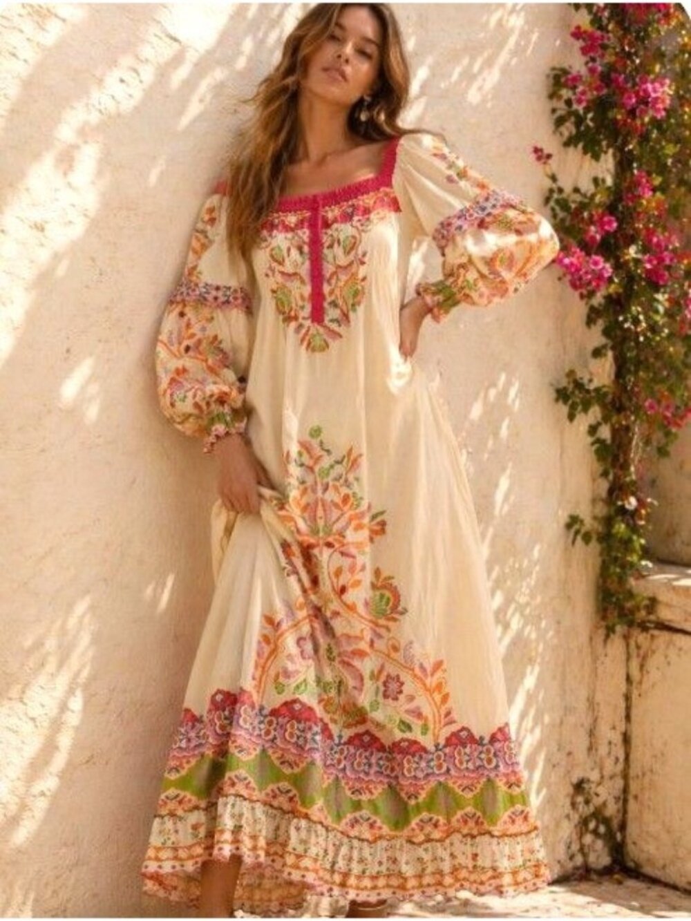 Farm Rio Floral Boho Maxi Dress Cottagecore Vacation Statement Peasant S